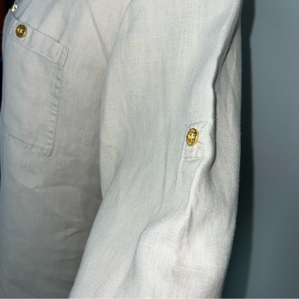 Company Ellen Tracy Linen Blouse Women’s Large Sand Zip Front Roll Sleeve Top - Picture 4 of 13